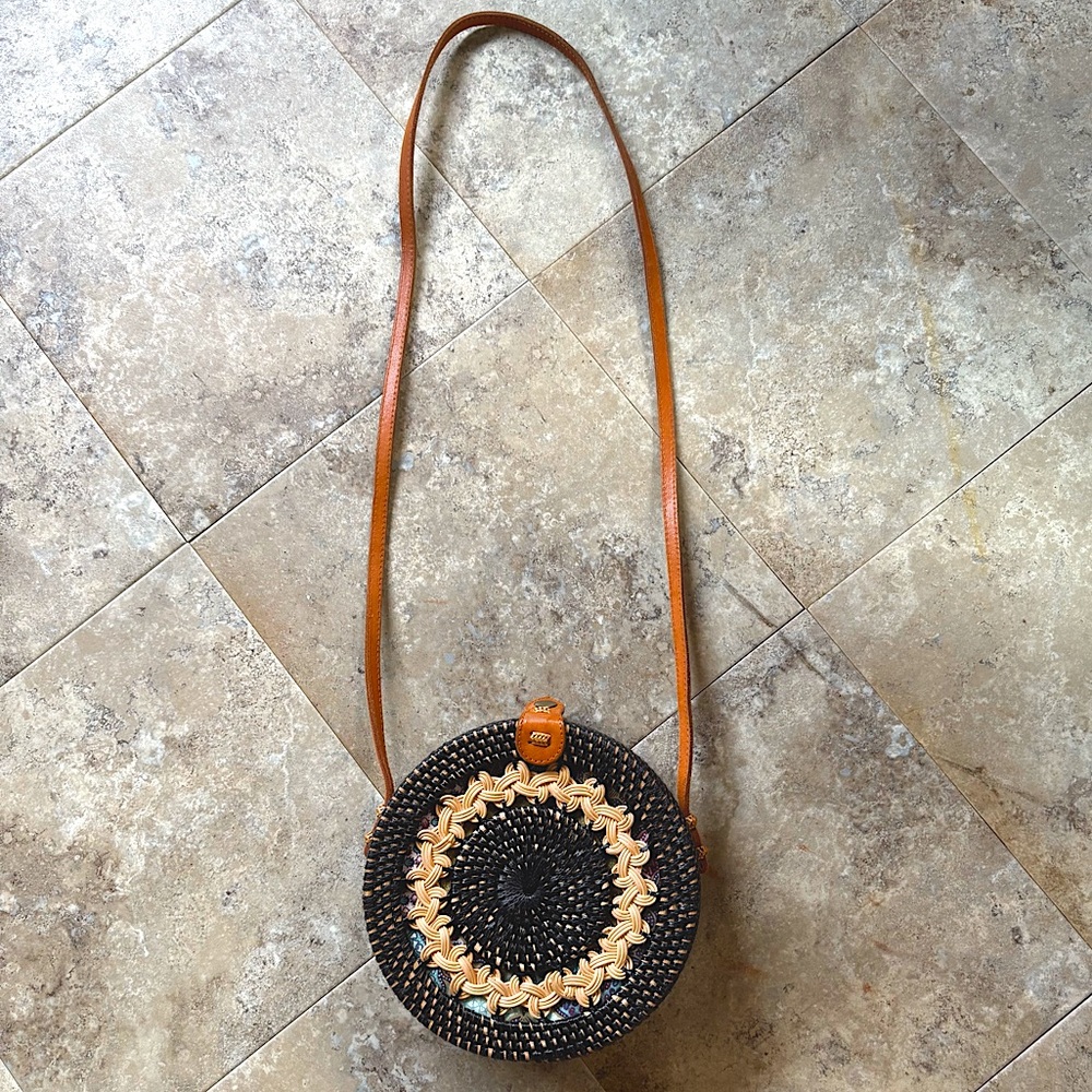 Amerii • Round Rattan Bag • Handcrafted in Bali • Black and Tan Braids